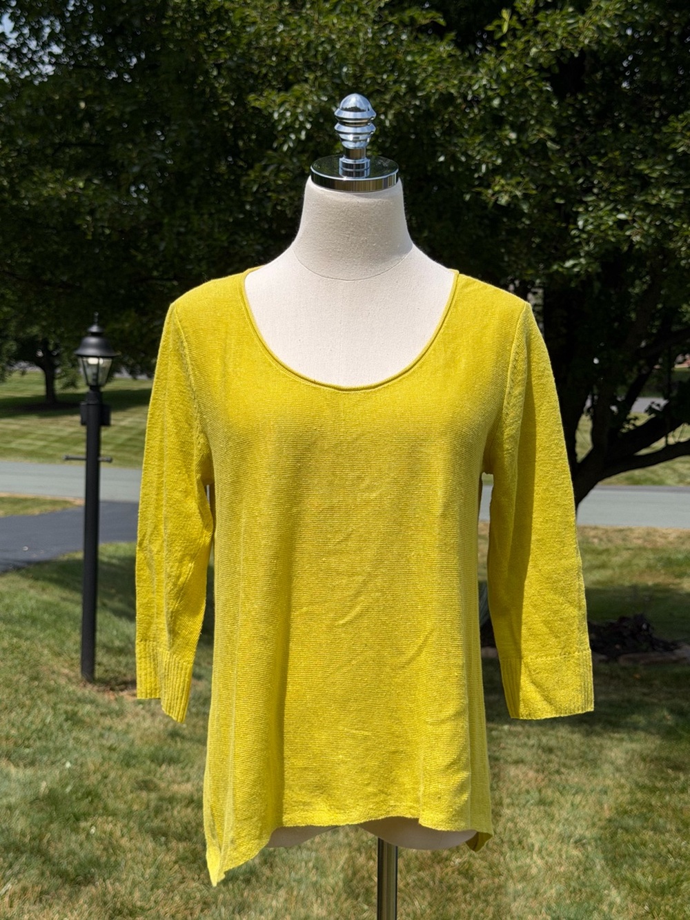 Eileen Fisher 100% Linen Sharkbite Tunic Top Chartreuse Boho Lagenlook Coastal